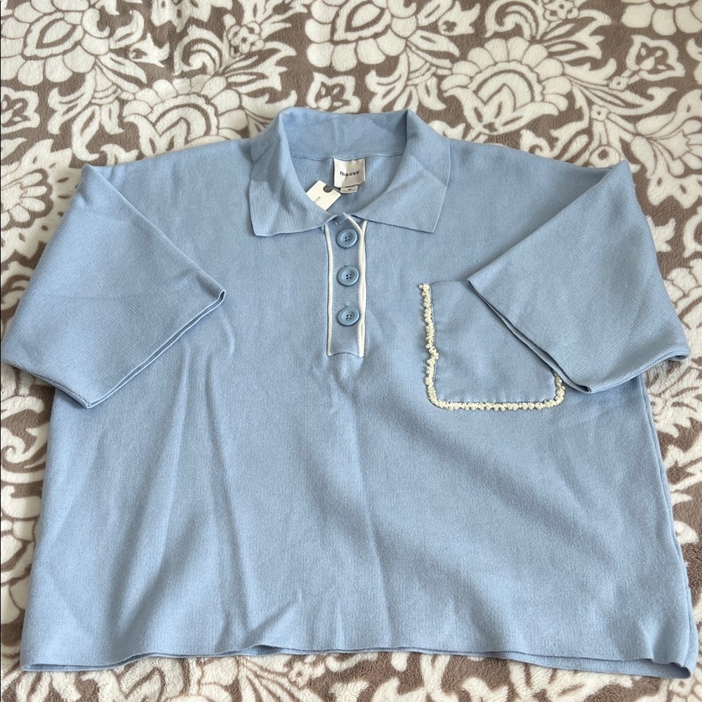 Maeve Light Blue Short-Sleeve Polo Sweater with Trimmed Pocket